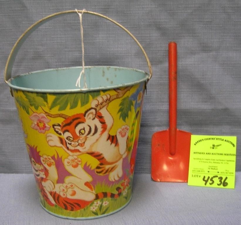 Vintage all tin childs sand pail and shovel set