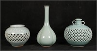 3 Korean Celadon Porcelain Vases