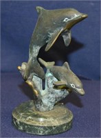 Solid Brass 2 Dolphin Sculpture on Marble Base