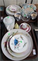 2 TRAYS FLORAL PLATES, JUICER, GOOSE, BLUE CHINA