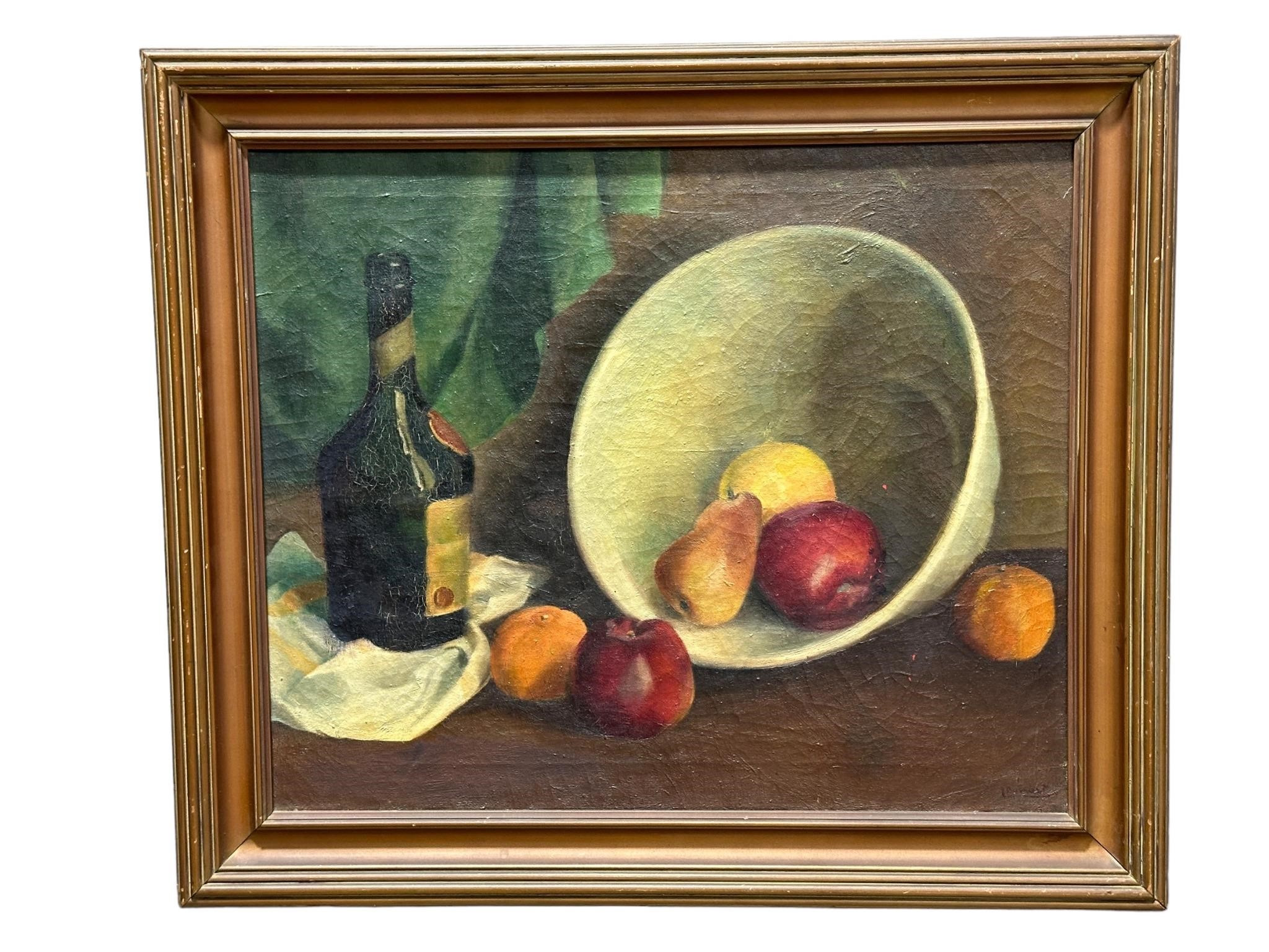 Antique Oil on Canvas Fruit Bowl & Wine Painting