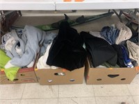 3 boxes of miscellaneous clothes- pants, pajamas,