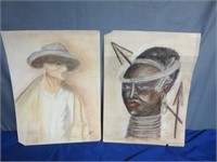 *2 Nice Chalk Drawings On Canvass Both Signed Hedy