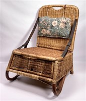 Wicker canoe chair, folds, leather straps, storage
