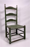 Button top chair, ladder back, green paint is worn