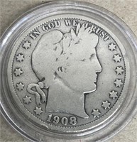 Silver 1908-O Barber half dollar