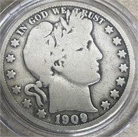 Silver 1909 barber half dollar