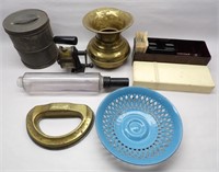 Spittoon, Flour Sifter, Glass Rolling Pin