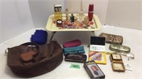 Vintage perfume bottles, glasses, purse and more