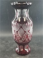 Deep red cut to clear glass vase, new in perfect c