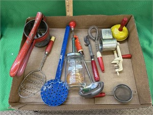 Box of vintage kitchen utensils