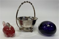 2 Art Glass Paperweights & Silver Plated Bowl