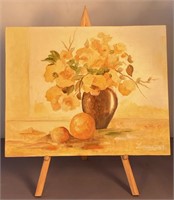 Vtg "Flowers in a Jug with fruits" still life,