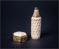 Lot of Ivory or Bone Perfume Bottle & Pill Box