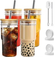 4-Pack Glass Tumbler Cups with Bamboo Lids and Str