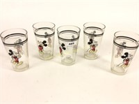 Five Glass Mickey Mouse Tumblers, 5 3/4 Inches