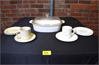 Corning Ware casserole dish, 3 saucers, 1 mug, 4