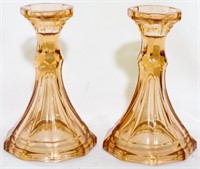 Pr Fostoria Peach Candleholders 6"