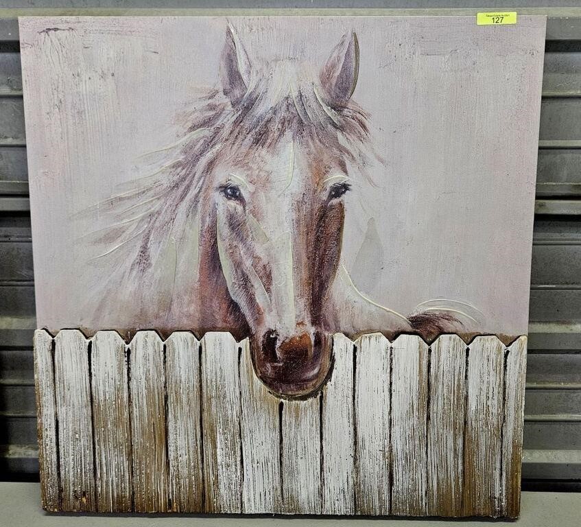 FRAMED SILK SCREEN HORSE & FENCE PRINT, NO SHIPPIN