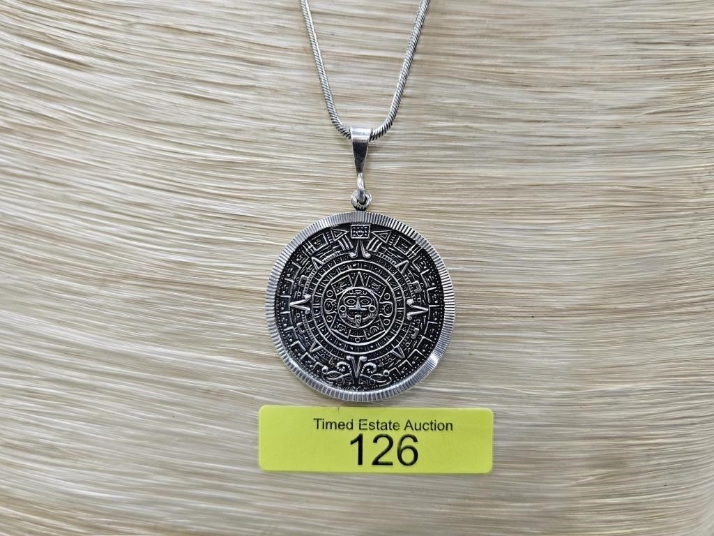 28" STERLING SILVER MAYAN MEDALLION NECKLACE