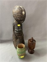 Tribal Carved Figurine with Turned Wood Canisters