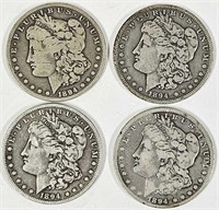 One 1894-S & Three 1894-O Morgan Silver Dollars