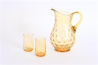 Vtg Honey Amber Bubble Glass Pitcher, Tea Glasses