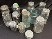 12 Vintage Clear And Green Canning Jars