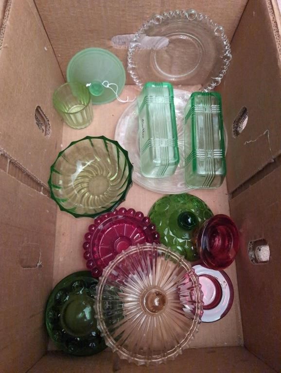 Misc glassware w various lids, ruby red, green,