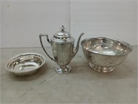 2 silver plate bowls and teapot