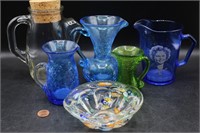 6 Crackle Glass Pitchers, Shirley Temple Mug+