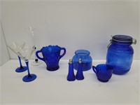 9 PC Cobalt Blue Glassware w/ Depression glass