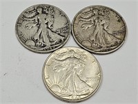 2-1942S, 1- 1942 Walking Liberty Half Dollar Coins