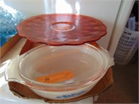 FLAT WITH AN ORANGE CAKE PLATE, AND FIRE KING BOWL
