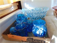 FLAT OF BLUE GLASS WARE INCLUDING ST. CLAIR