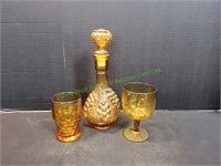 Vintage Amber Glass Decanter & Glasses