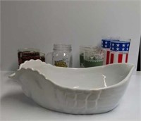 CHICKEN SERVING DISH, USA TUMBLERS,
