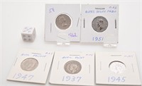 5 pièces de 5 cents, Canada, 1937-45-47-51-62