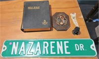 Metal Nazarene Dr. sign & misc.