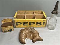 Pepsi Crate; Oil Bottle, Copper Fish Mold etc