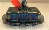 Blue Carnival glass butter dish w/lid