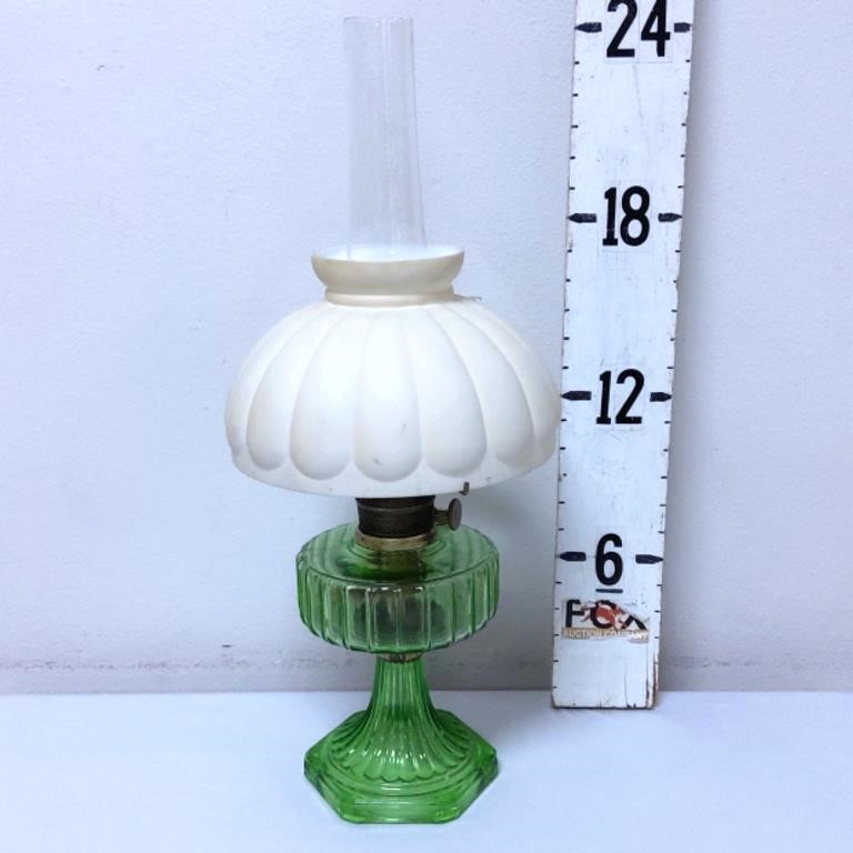 Aladdin Green Glass Oil Lamp w/Cream Shade