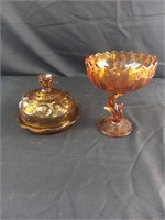 2 Amber Glass Pieces, Compote and Butter/Cheese