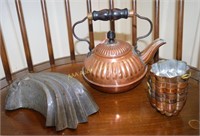 Copper tea kettle, antique food mold, small copper