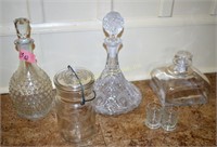 Glass decanters and jar. Height of tallest: 11.5"