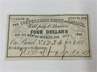 1865 Confederate States $4 Loan Note