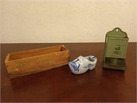 Delft shoe, vintage matchbox holder, wooden