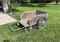 Bicycle wheeled wood frame, yard cart