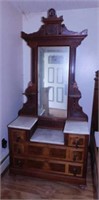 Antique carved walnut dresser w/ mirror & marble