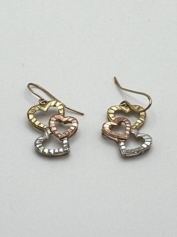 14K Gold Triple Hearts Earrings